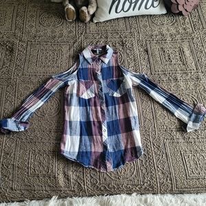 BKE Plaid Cold Shoulder Linen Blend Top - Size XS